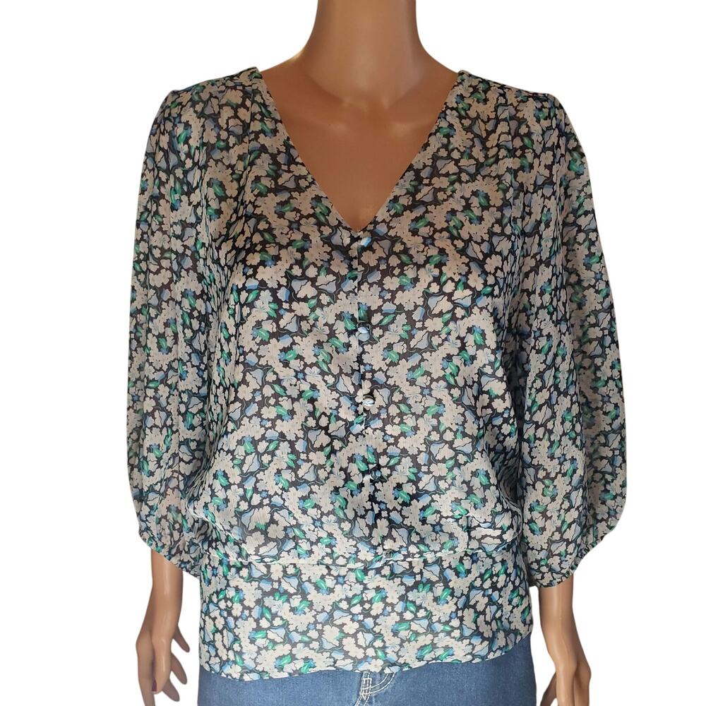 Karl Lagerfeld Paris Floral Faux Button Blue Green Smocked Blouse Large NWOT